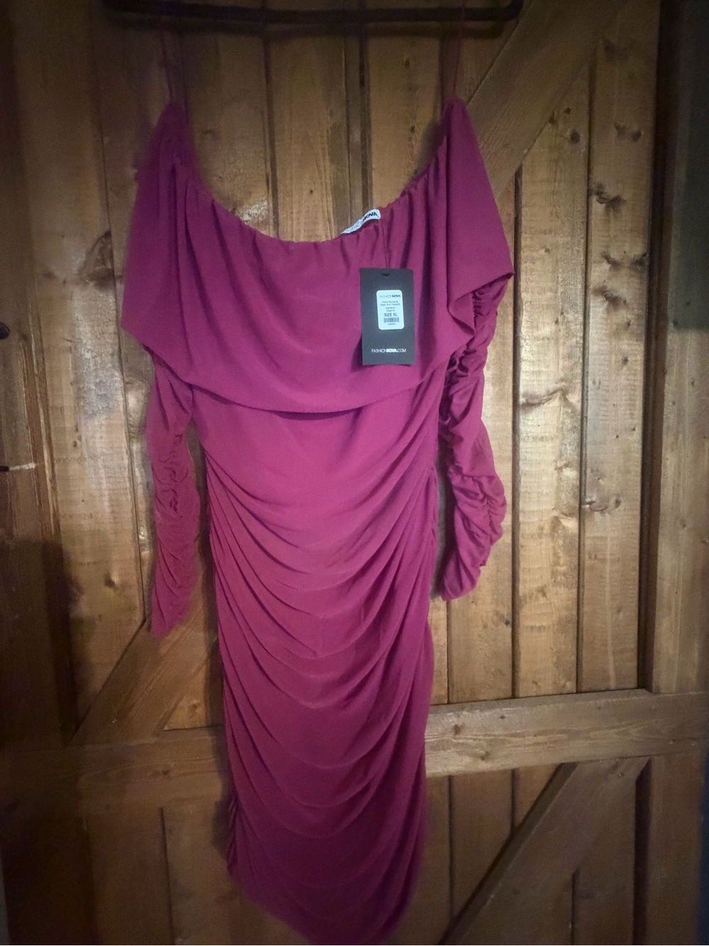 Fashion Nova Ruched Off-Shoulder Midi Dress - Berry Plum